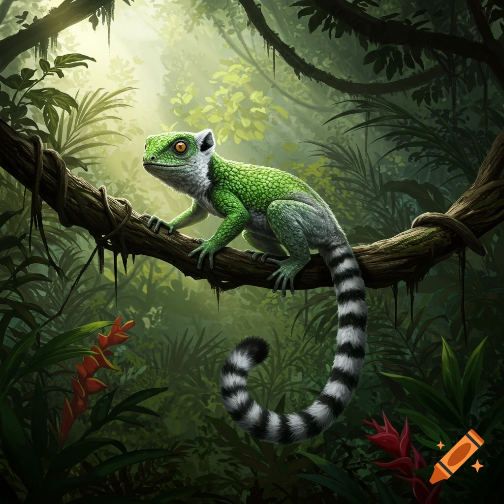 A realistic, green, scaly lizard-lemur hybrid with a striped tail perches on a branch in a lush, sunlit jungle.