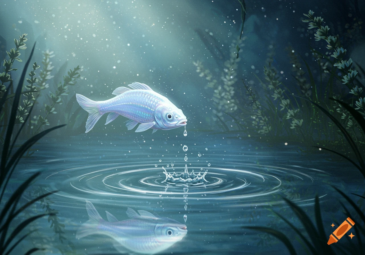 Luminous white and blue fish hovering above a dark pond, dripping water into ripples, with its reflection visible and aquatic plants.