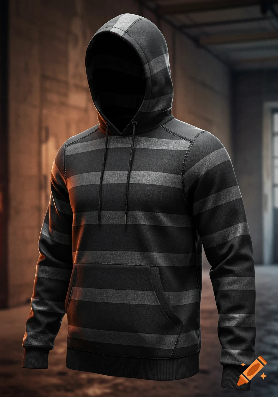A dark grey and black striped hoodie with a kangaroo pocket, drawstring hood, and ribbed cuffs, set against a dimly lit industrial background.