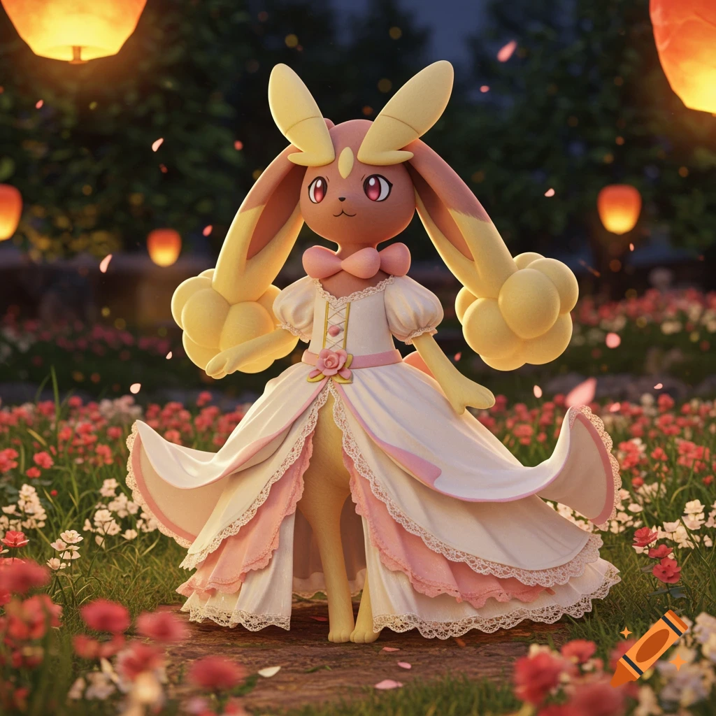 A detailed 3D render of Lopunny wearing a long white and pink dress, standing in a flower-filled garden with floating lanterns.