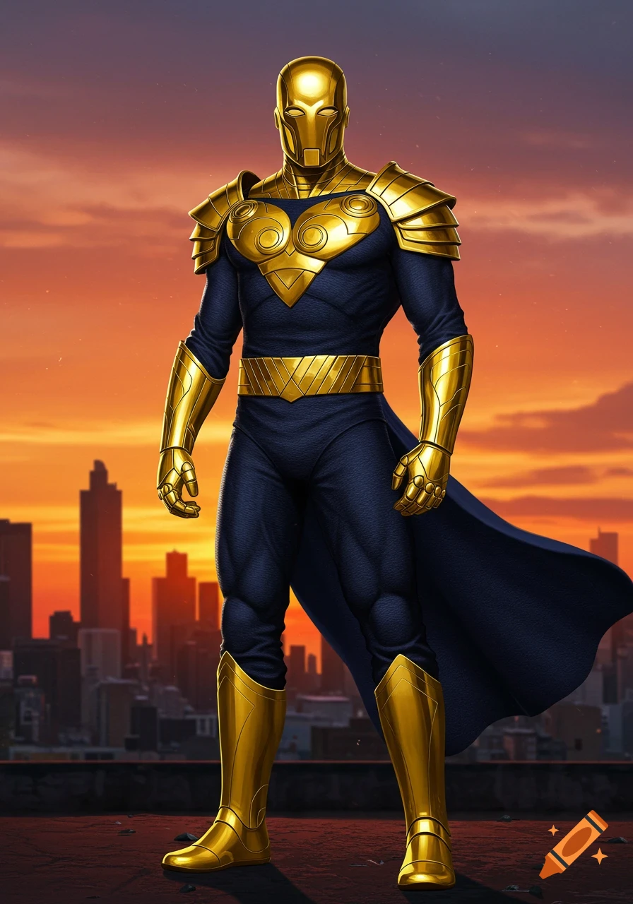 A gold-armored superhero in a navy blue suit and cape stands on a rooftop at sunset, overlooking a city skyline.