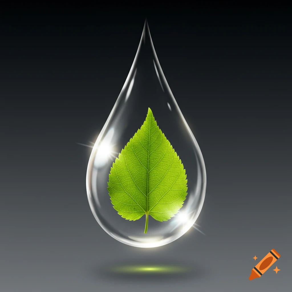 A stylized transparent water drop with a vibrant green leaf inside, glowing on a dark background.