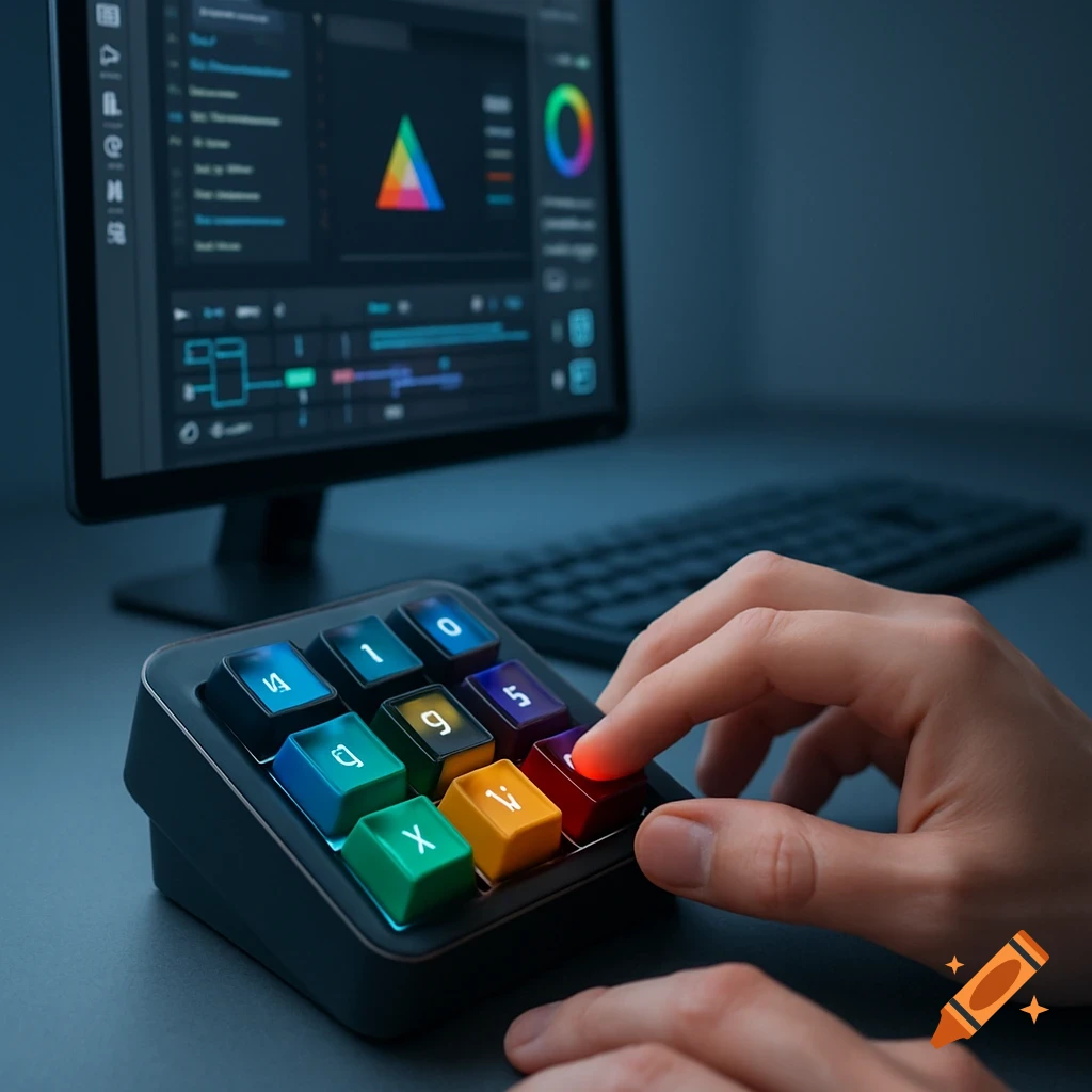 Close-up of a hand pressing a glowing red key on a compact, customizable mechanical keypad next to a monitor displaying creative software.