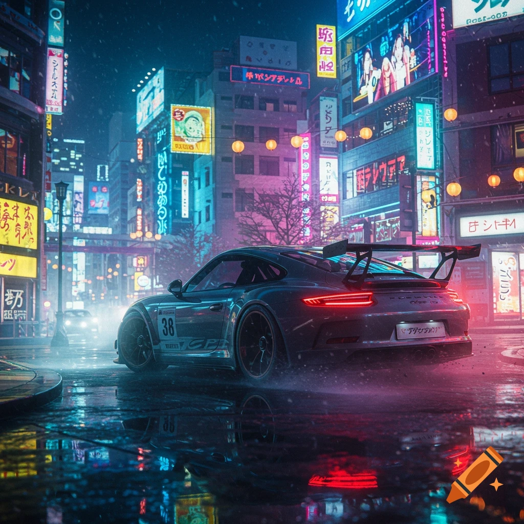 A grey Porsche 911 GTR drives on a wet city street at night, surrounded by vibrant neon lights in Tokyo.