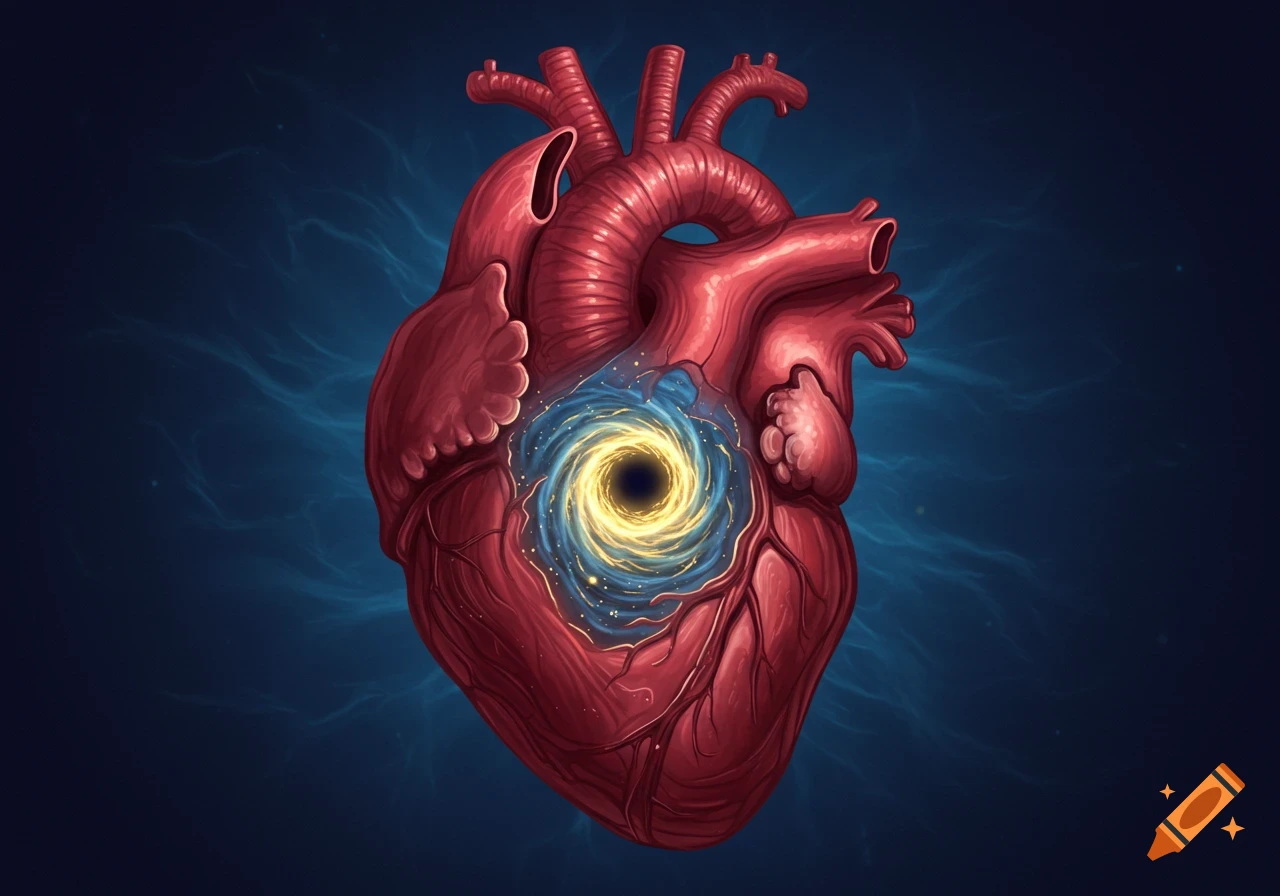 A stylized anatomical heart with a swirling blue and yellow galaxy vortex inside, against a dark blue cosmic background.