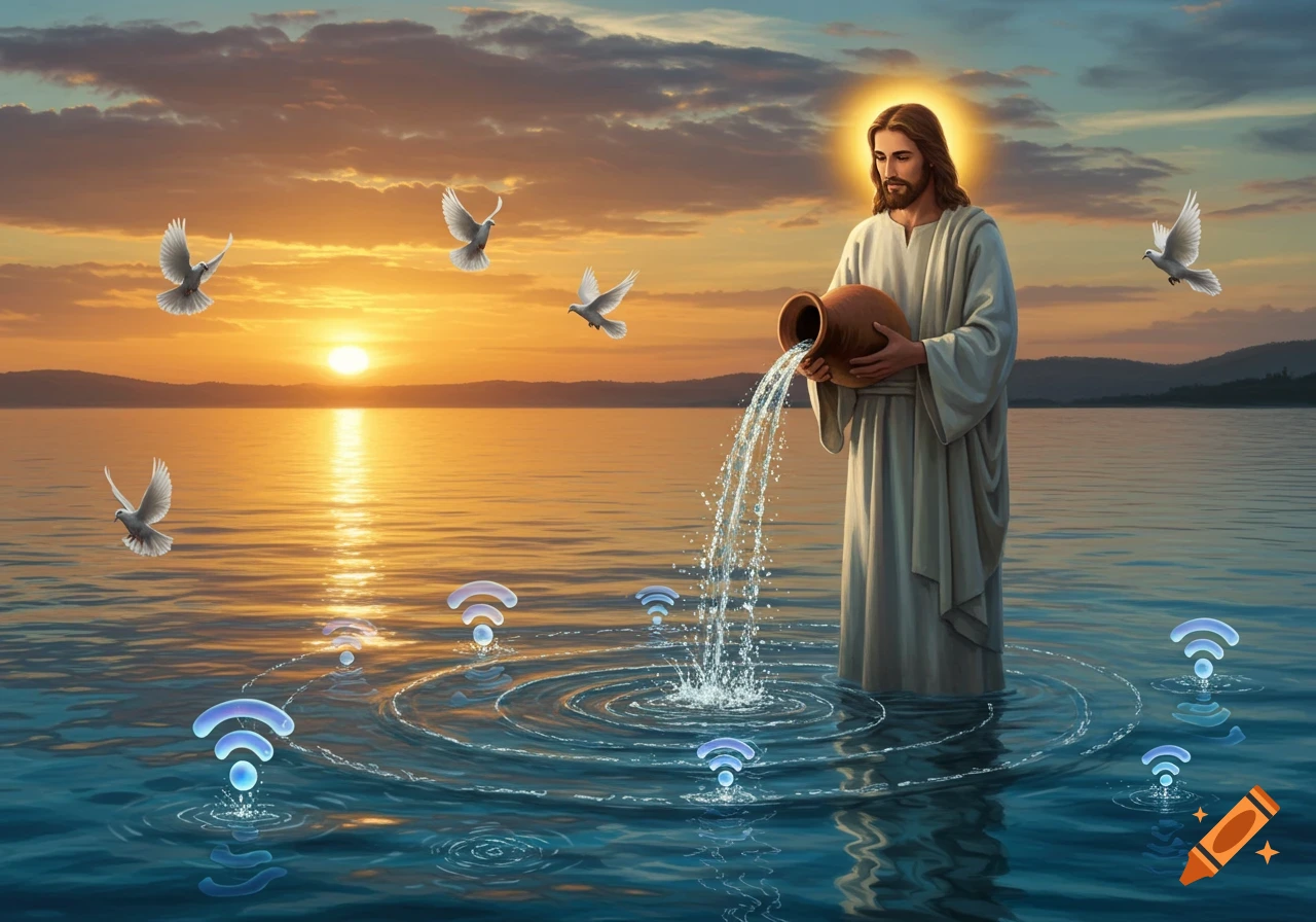 Jesus stands in water at sunset, pouring water from a jug that transforms into glowing Wi-Fi symbols, with doves flying above.