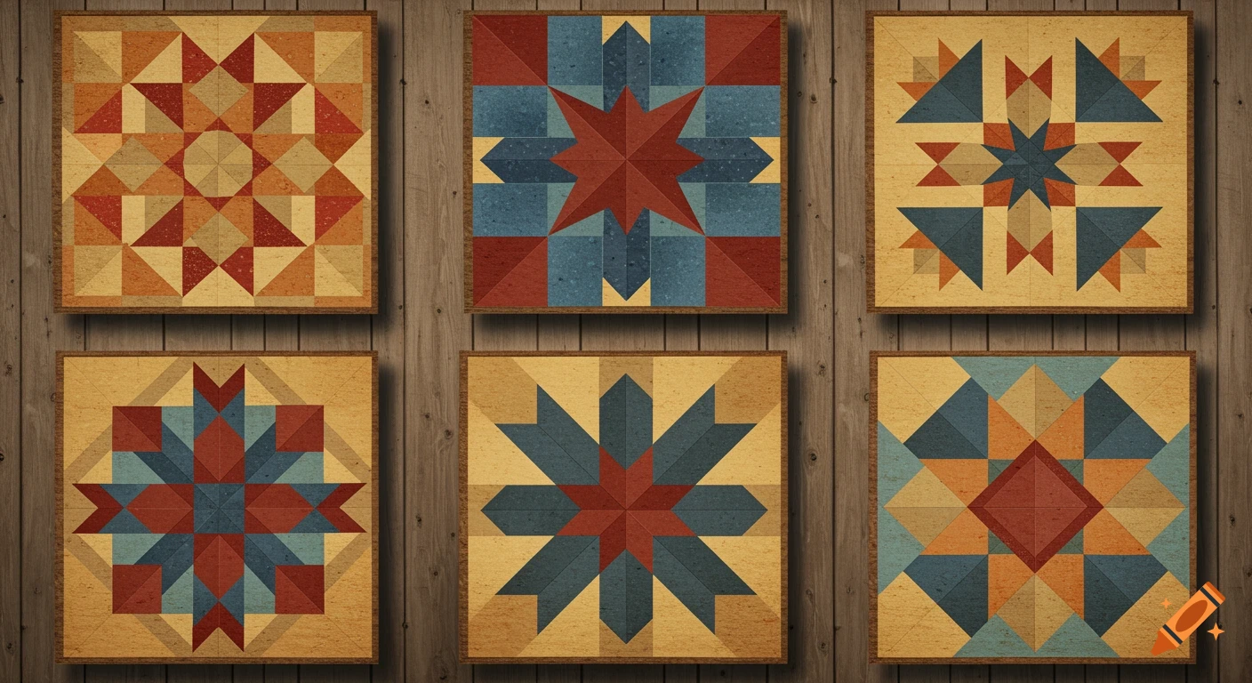 Six square barn quilt designs with geometric patterns in red, blue, gold, and beige on a wooden plank background.