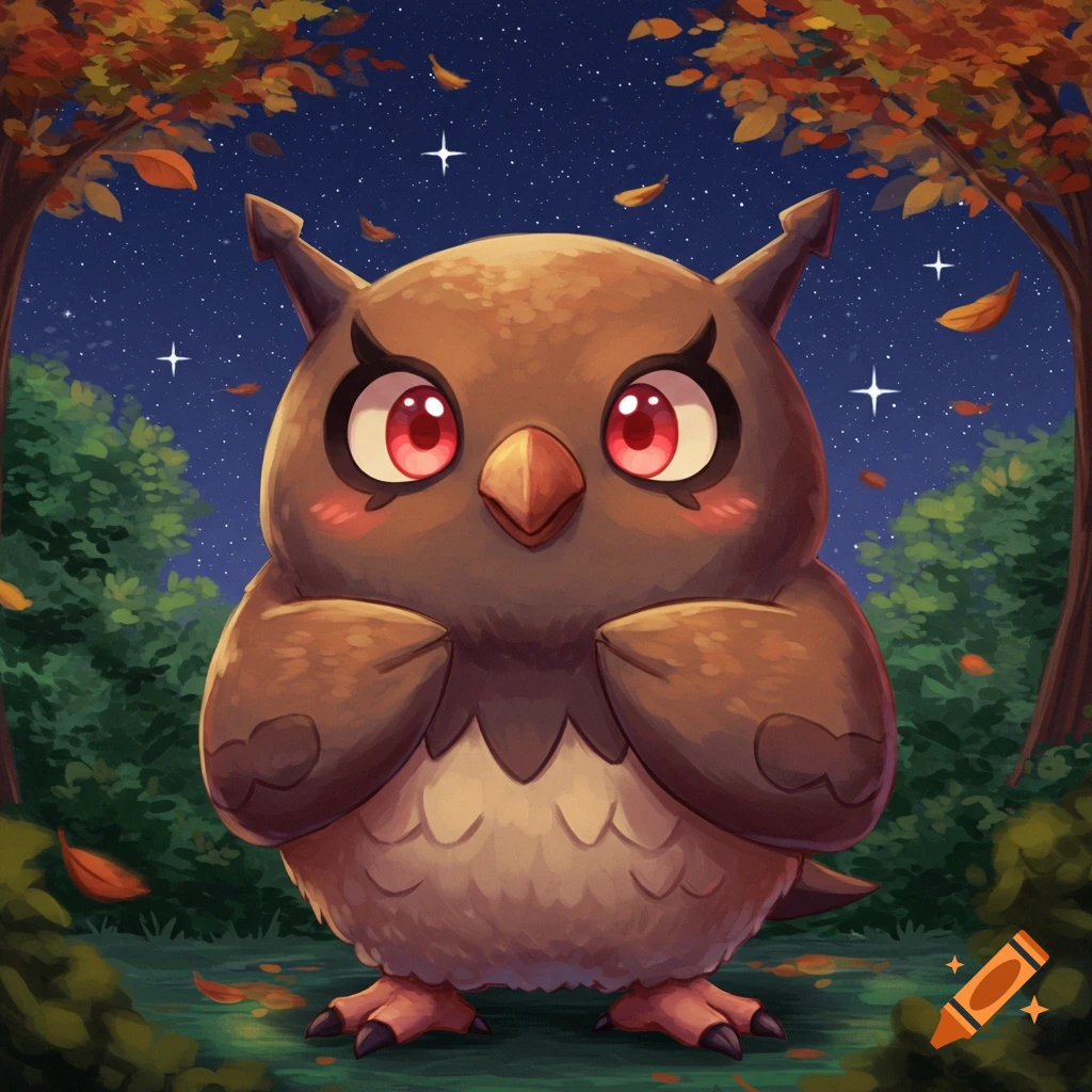 A cute, cartoonish brown owl with large red eyes and blush marks stands in a starry autumn forest at night.