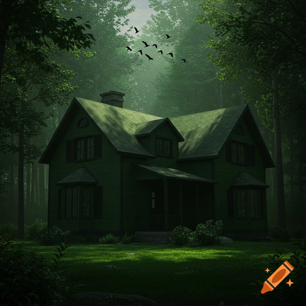 A dark greenish house with black shutters and a green roof stands in a misty, dark forest with birds flying overhead.