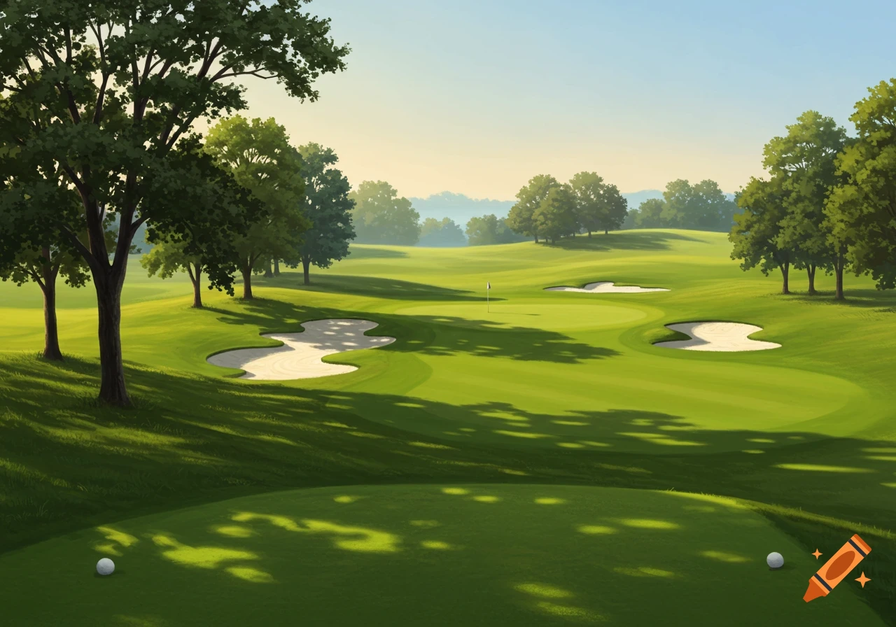 An illustrative view of a golf course, featuring lush green fairways, sand bunkers, and trees, with two golf balls on the teeing ground.