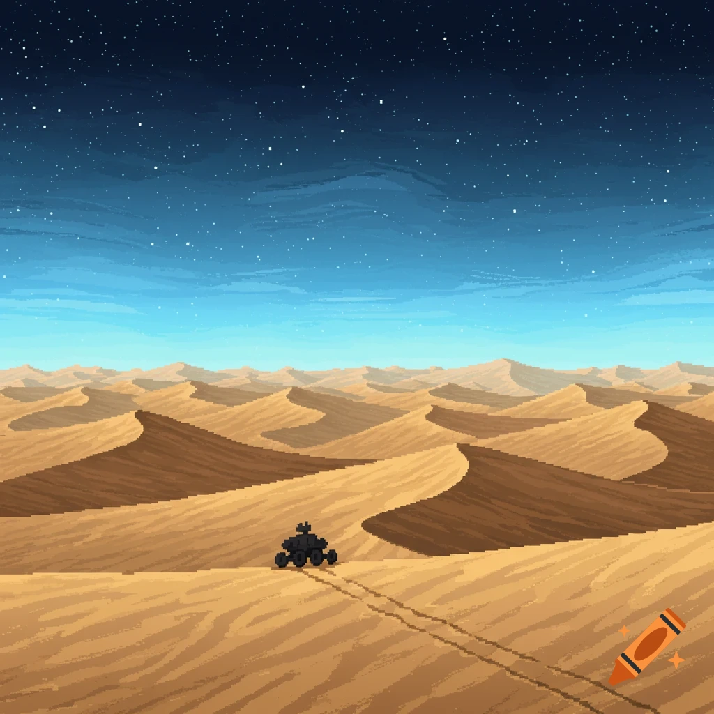 Pixel art of a rover traversing a desert planet under a starry, blue-hued sky.