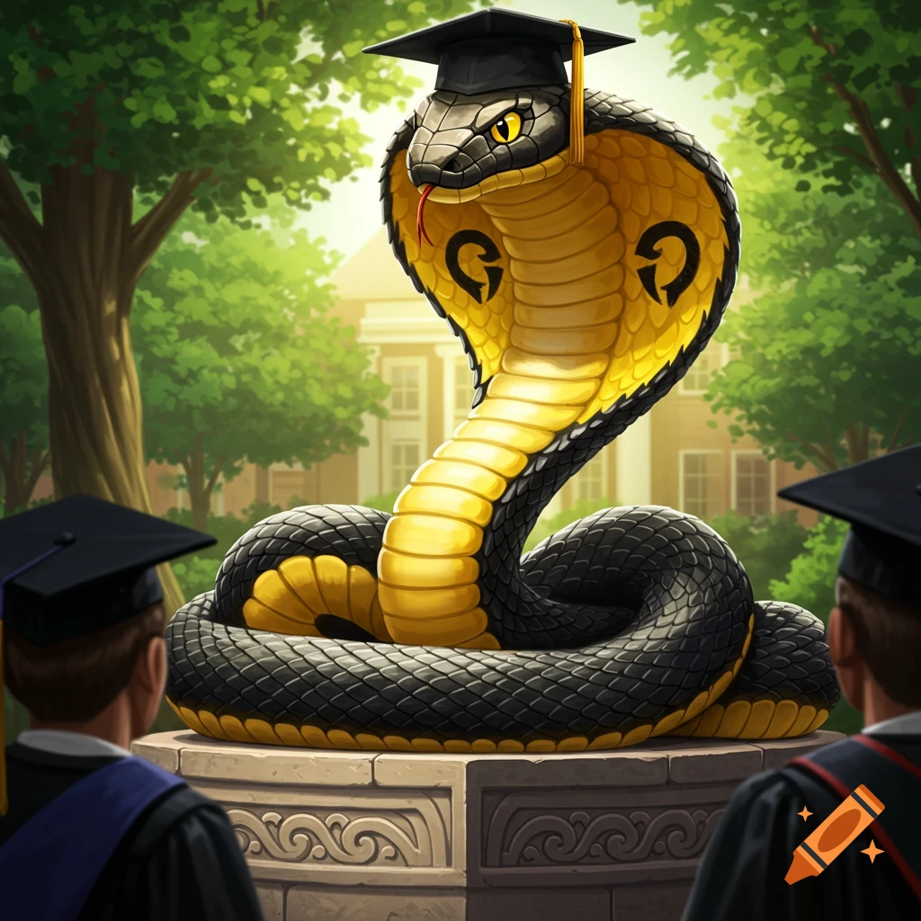 A cartoon black and yellow cobra mascot wearing a graduation cap stands on a stone pedestal, observed by two graduates in an outdoor setting.