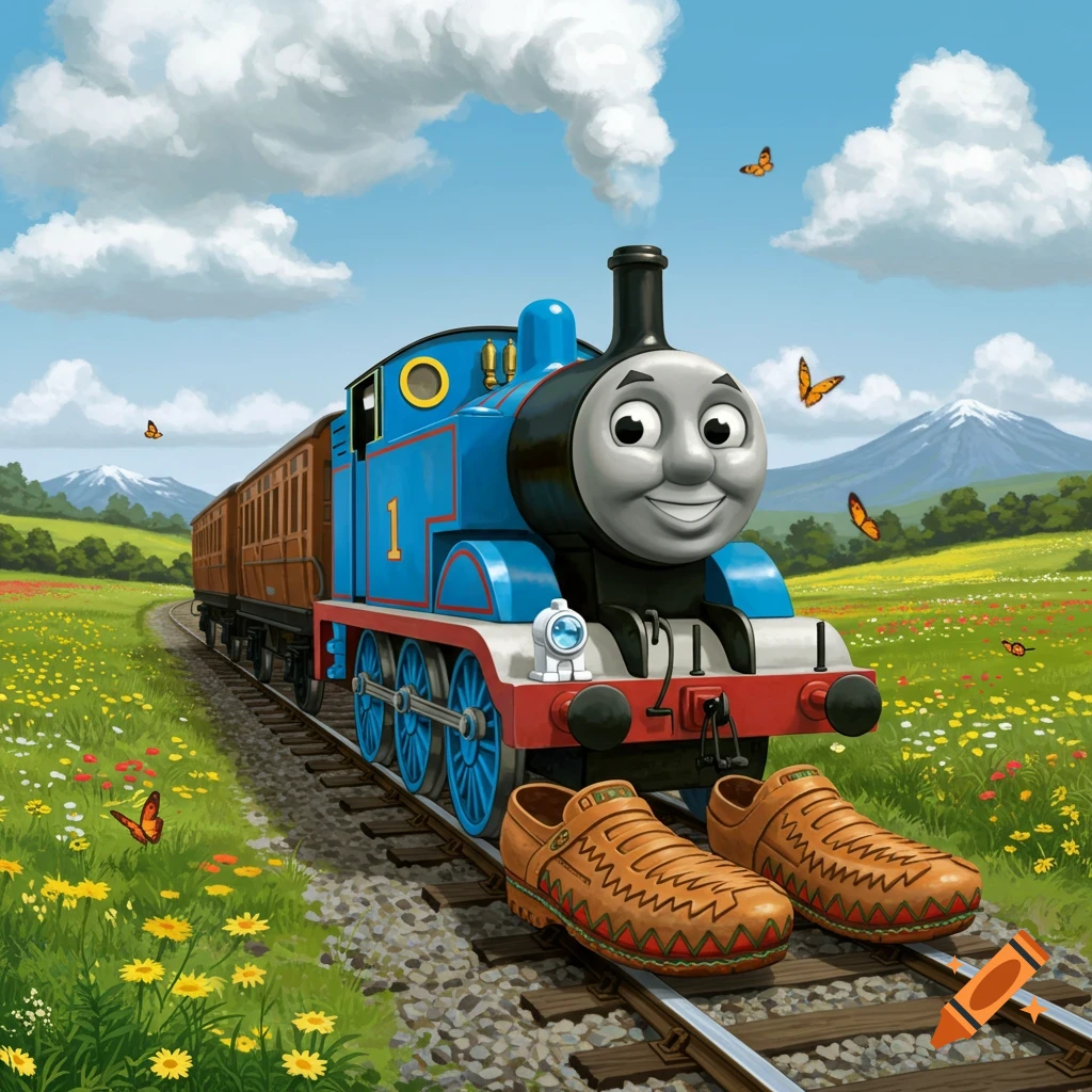 Thomas the Tank Engine on train tracks in a field of wildflowers with huaraches on the tracks.