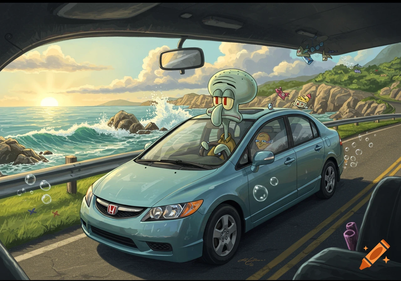 Squidward Tentacles driving a light blue Honda Civic with a smiling passenger along a scenic coastal road at sunset, cartoon style.