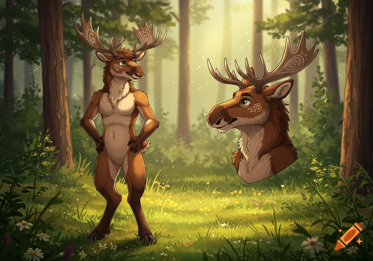 An anthropomorphic moose character and a moose head bust in a lush forest with dappled sunlight, in a digital painting style.