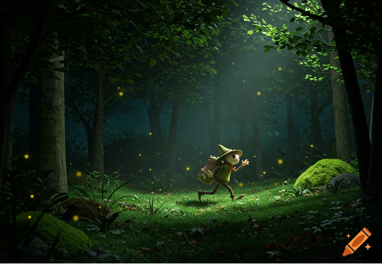 A cartoon elf-like character with a backpack runs through a dark, magical forest with glowing fireflies and sunlight.