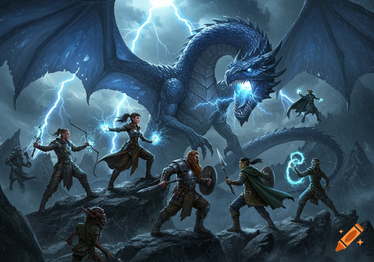 Epic fantasy illustration of diverse adventurers battling a massive blue dragon amidst a lightning storm on a mountain peak.