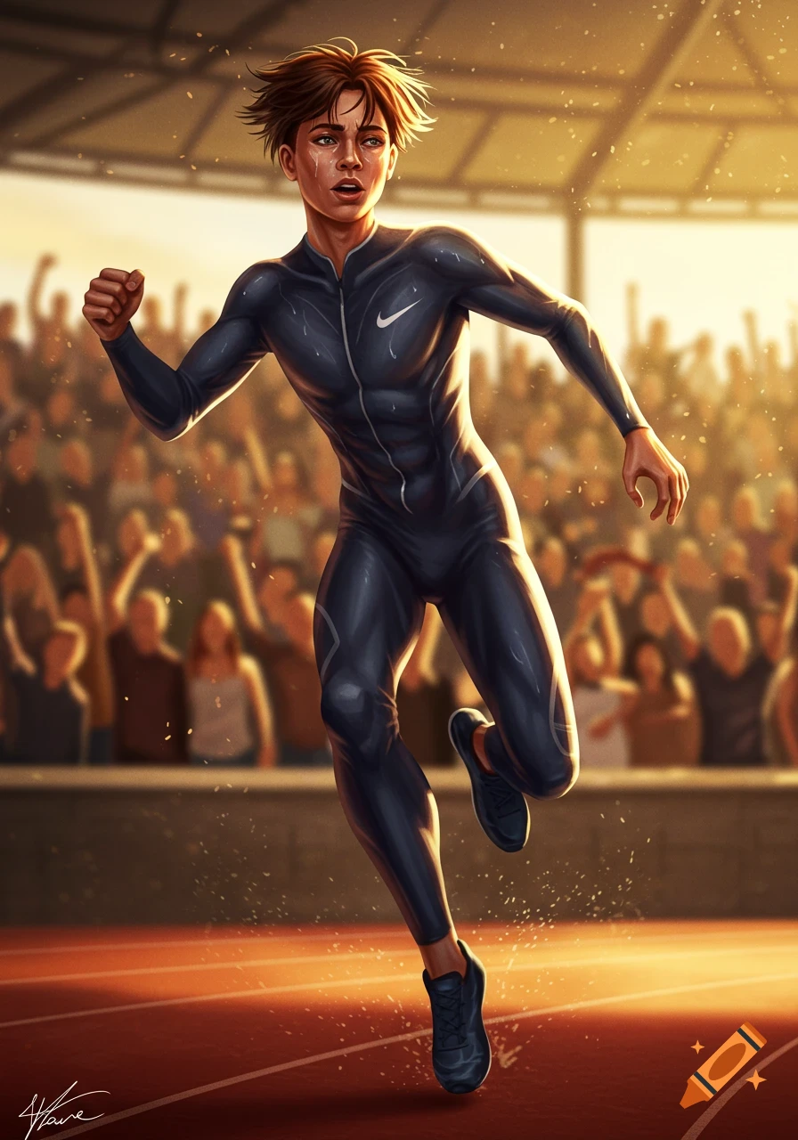 A determined young athlete in a dark racing suit sprints on a track with a cheering crowd in the background, illustrated digitally.