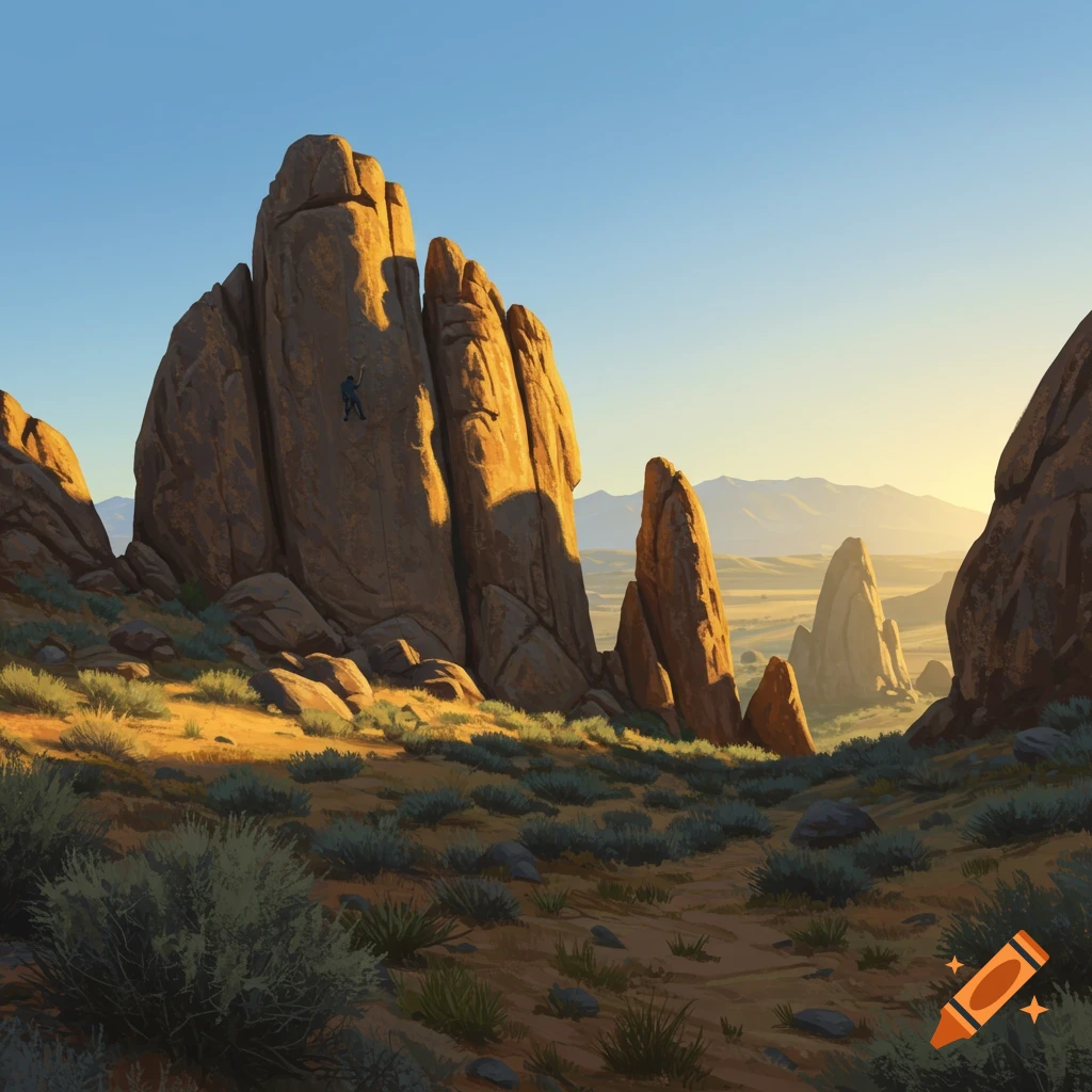 A rock climber ascends a large boulder in a desert landscape at sunset, with more rock formations and mountains in the distance.