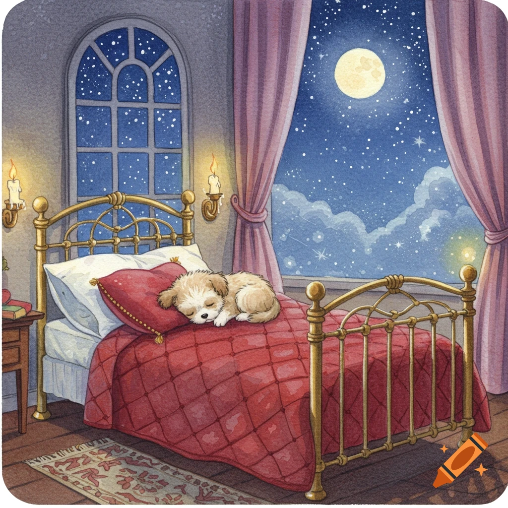 Watercolor painting of a fluffy puppy asleep on a red bed in a room, a starry night with a full moon outside the window.