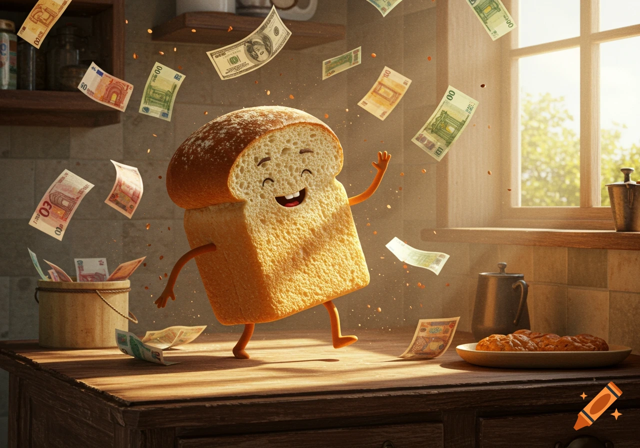 A happy, smiling slice of bread with arms and legs dances joyfully in a sunlit kitchen, surrounded by falling banknotes like Euros and dollars.