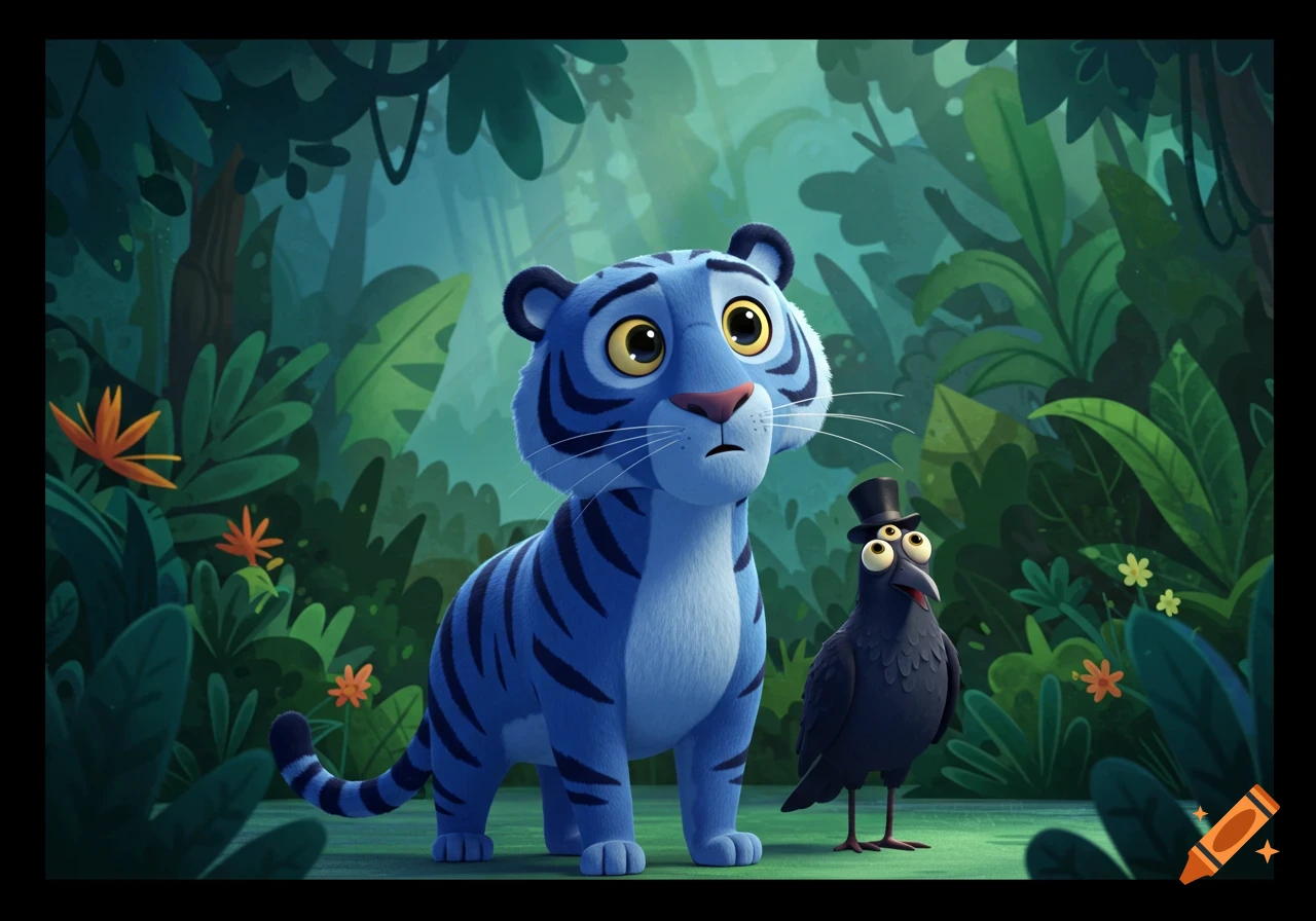 A sad blue cartoon tiger with black stripes and a black three-eyed crow in a tiny top hat in a jungle.