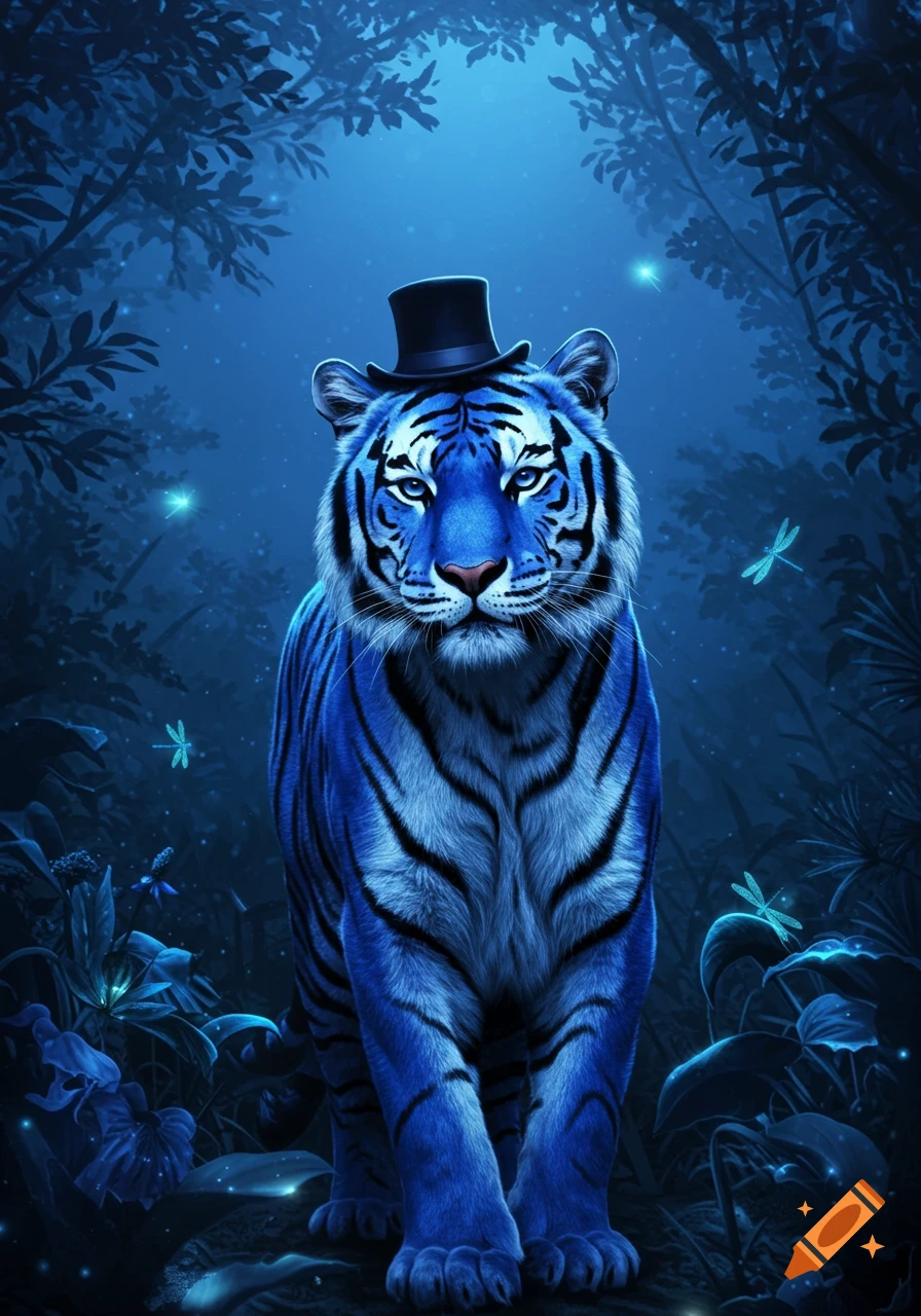 A striking blue tiger with black stripes wears a tiny black top hat, standing in a magical, dark blue forest with glowing elements.