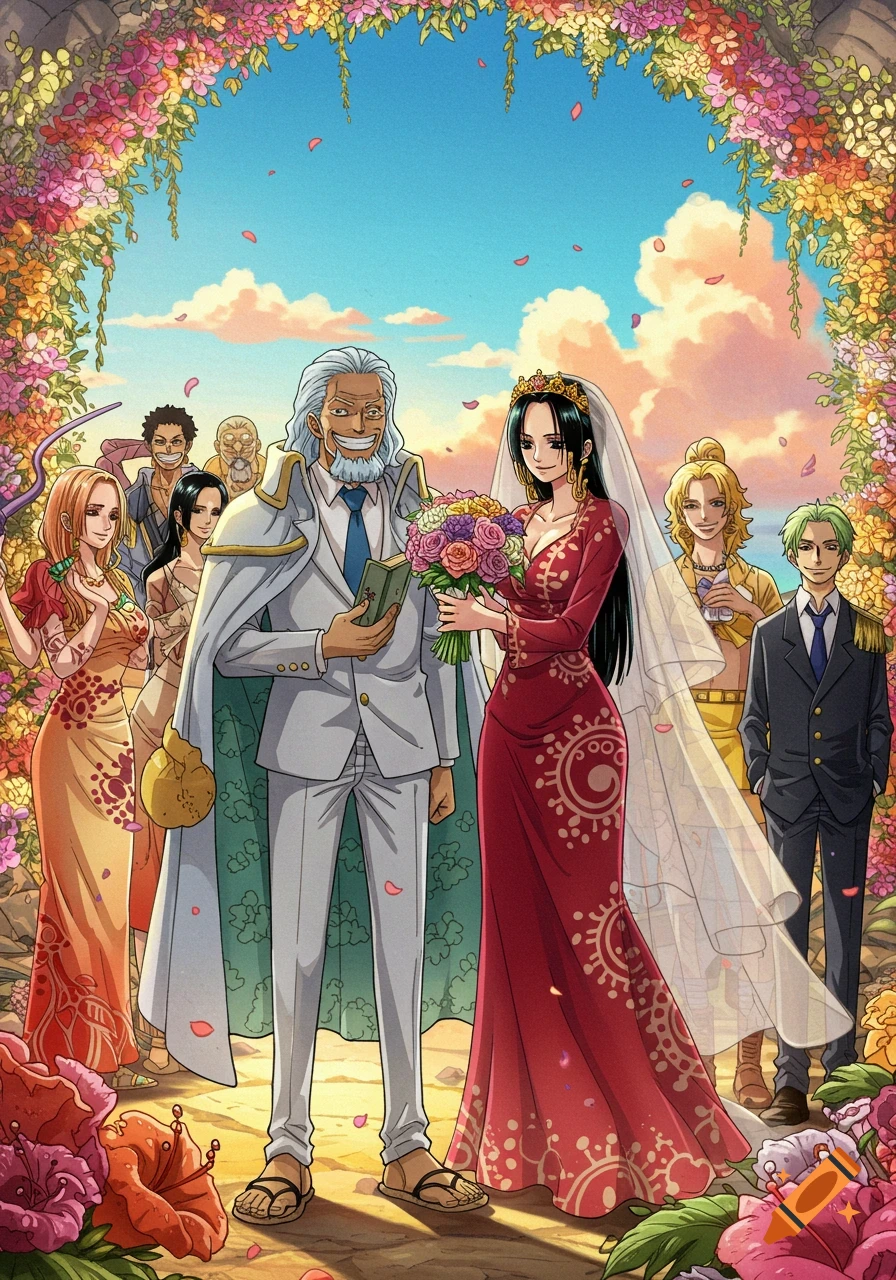 An anime-style wedding scene with a man resembling Rayleigh and a woman resembling Hancock under a floral arch, surrounded by other characters.