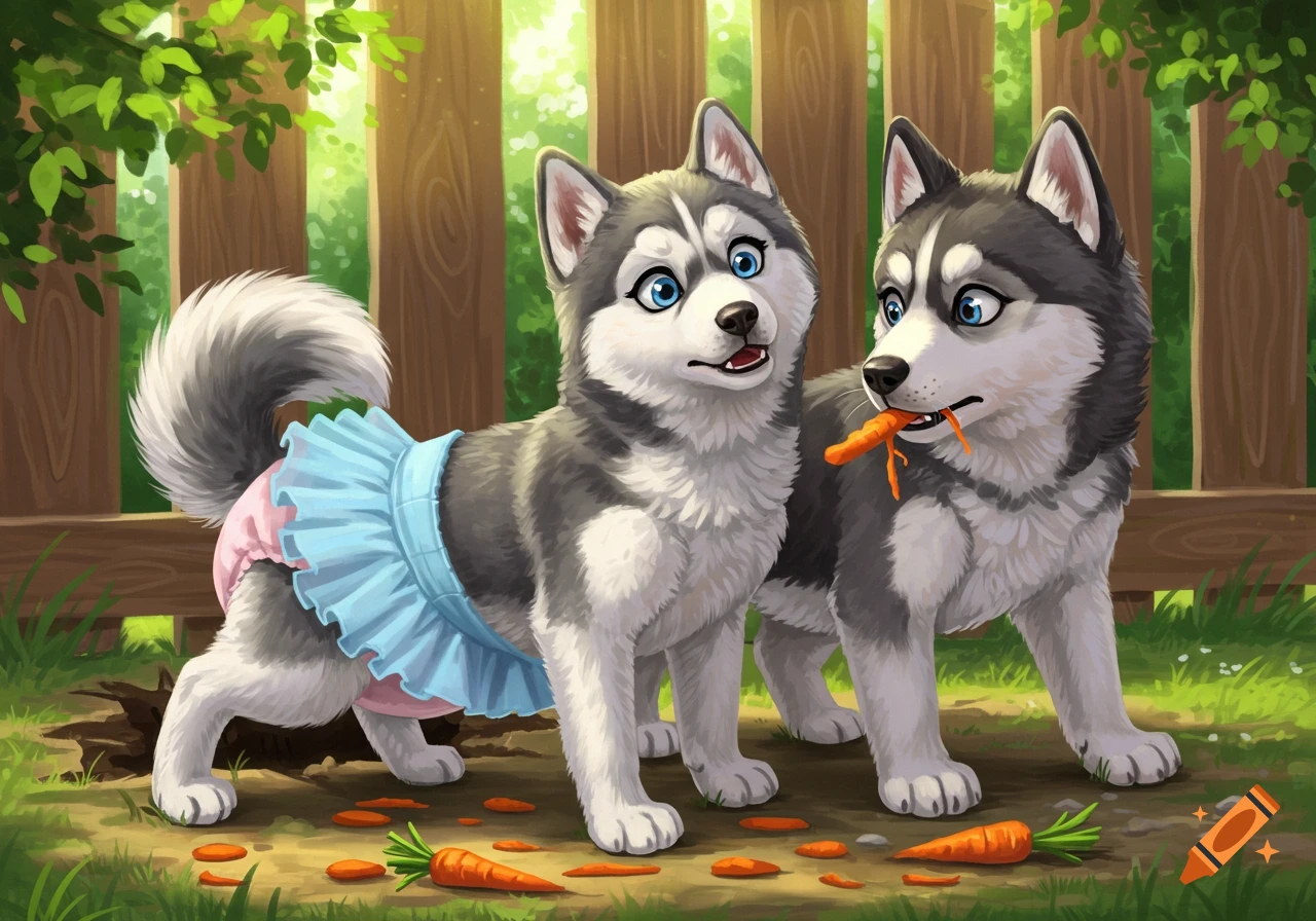 A cartoon illustration of two husky puppies in a sunny garden. One wears a light blue tutu and pink diaper, the other holds a carrot.