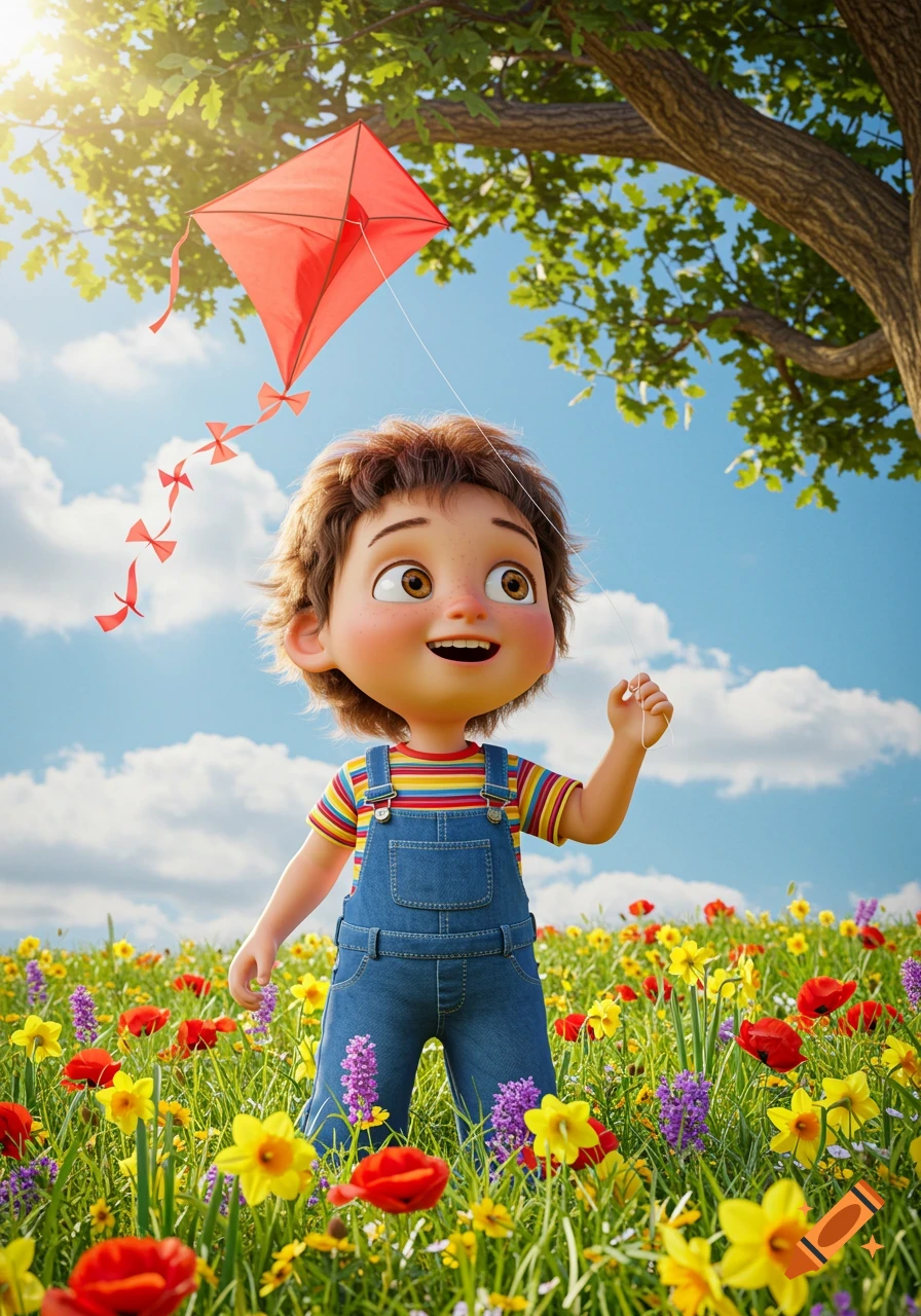 A happy 3D animated child in overalls and a striped shirt flies a red kite in a vibrant, sunny flower field.