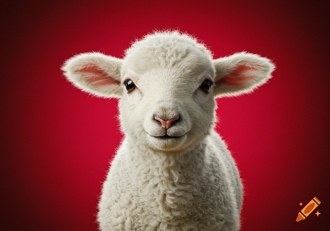 A close-up, photorealistic portrait of a fluffy white lamb with brown eyes, against a vibrant red background.