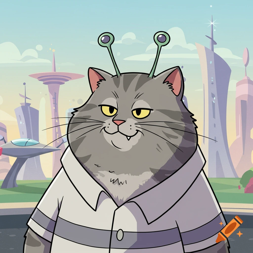 Cartoon gray tabby cat with alien antennae and a striped shirt in a futuristic city.