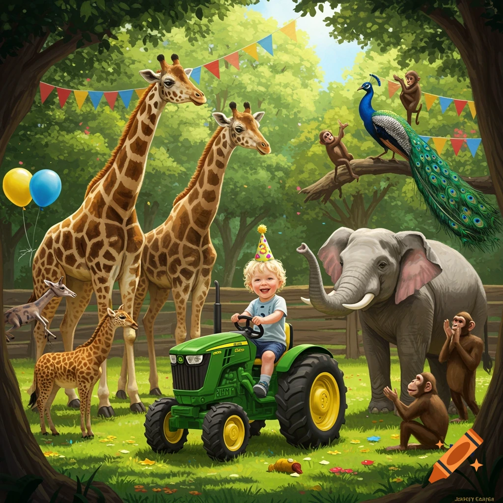 A happy boy in a birthday hat on a green John Deere tractor with giraffes, an elephant, monkeys, and a peacock at an outdoor party.
