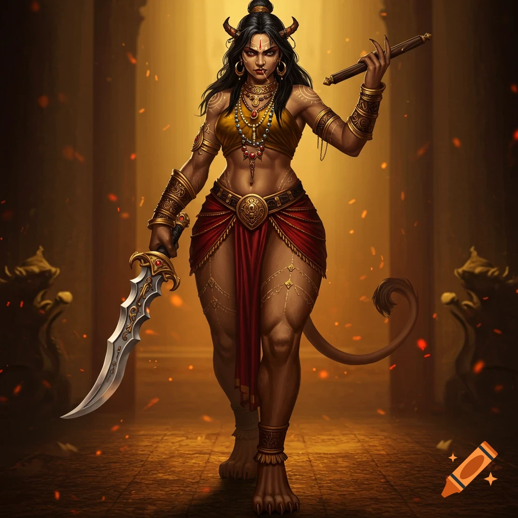 Fierce, horned fantasy woman with lioness legs, gold jewelry, and a dagger, stands in a golden hall.