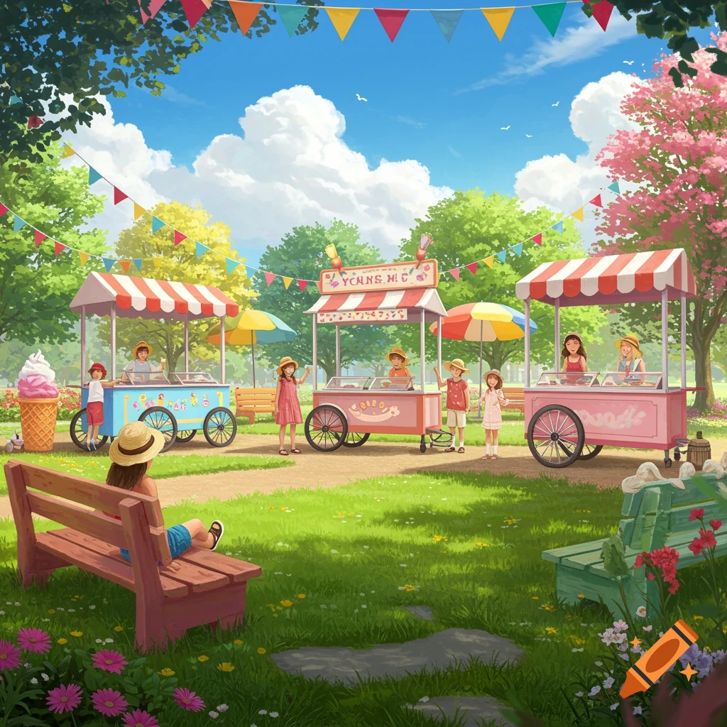 A colorful park scene with children around ice cream and snack stands, under a sunny sky with bunting.