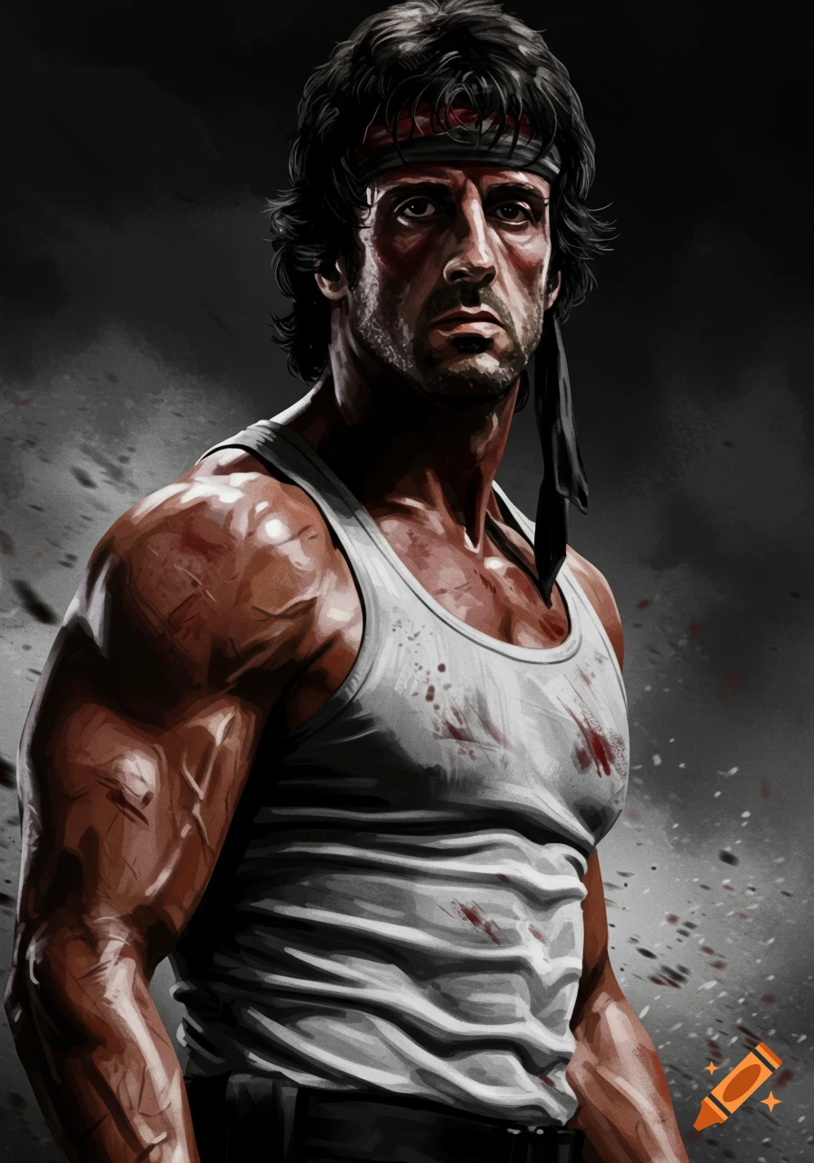 Stylized illustration of Rambo, a muscular man in a white tank top and red headband, with blood splatters.