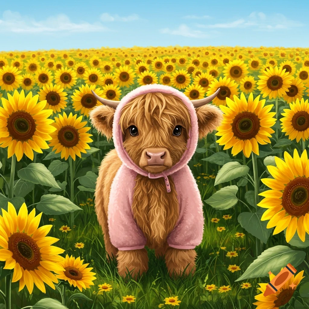 A cute baby highland cow wearing a pink hooded onesie stands in a vibrant field of yellow sunflowers under a blue sky.