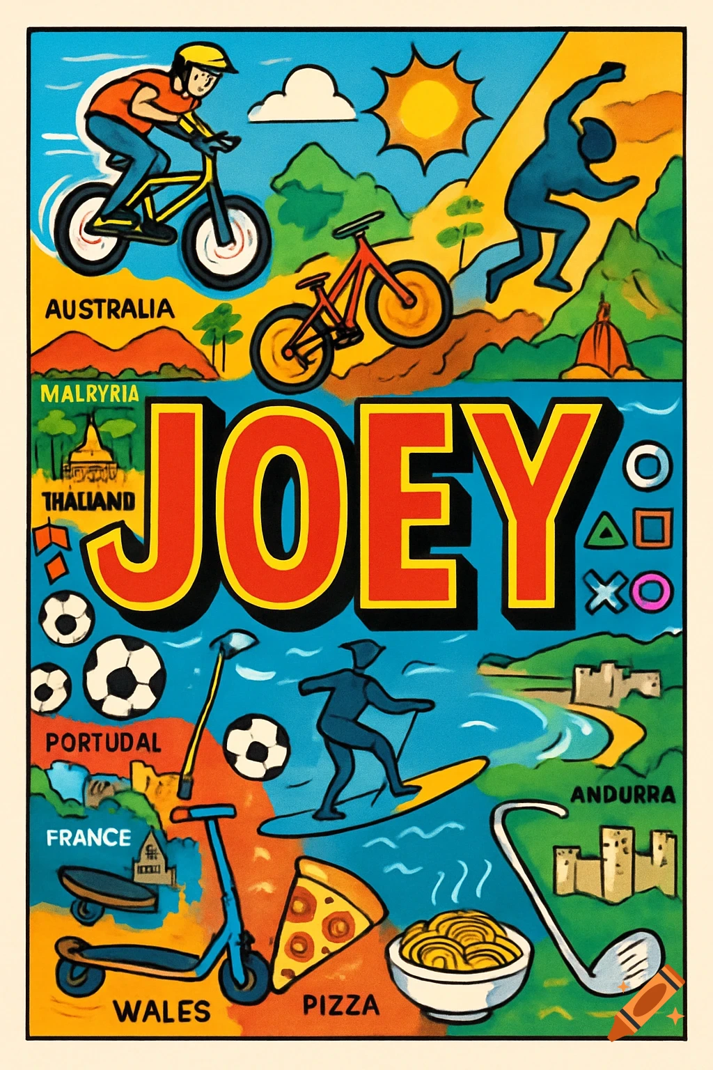Colorful, stylized poster with the name 'JOEY' surrounded by illustrations of sports, landmarks, and food from various countries.