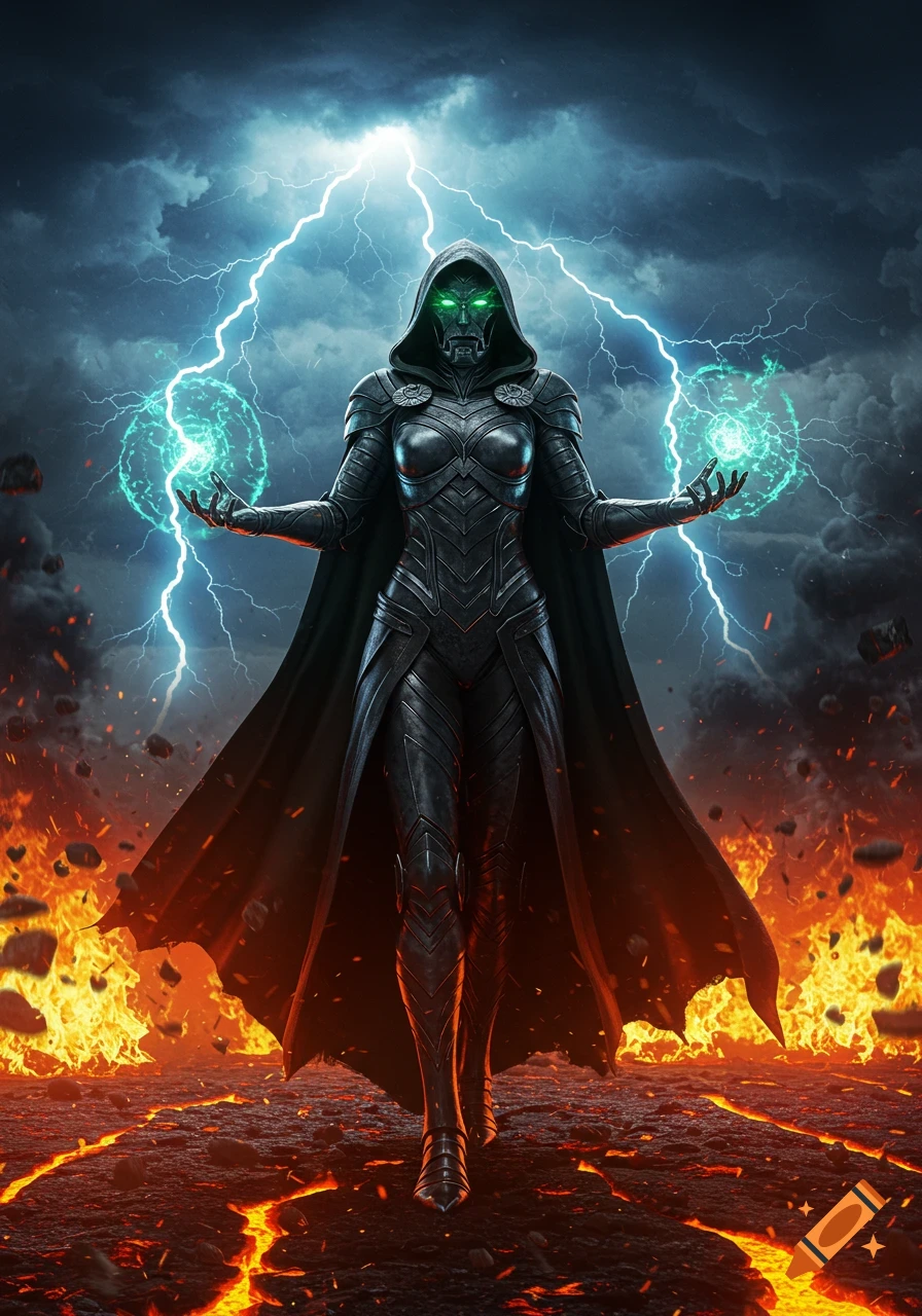 Armored female Dr. Doom-like figure with glowing green eyes and energy orbs stands in a fiery landscape under lightning.