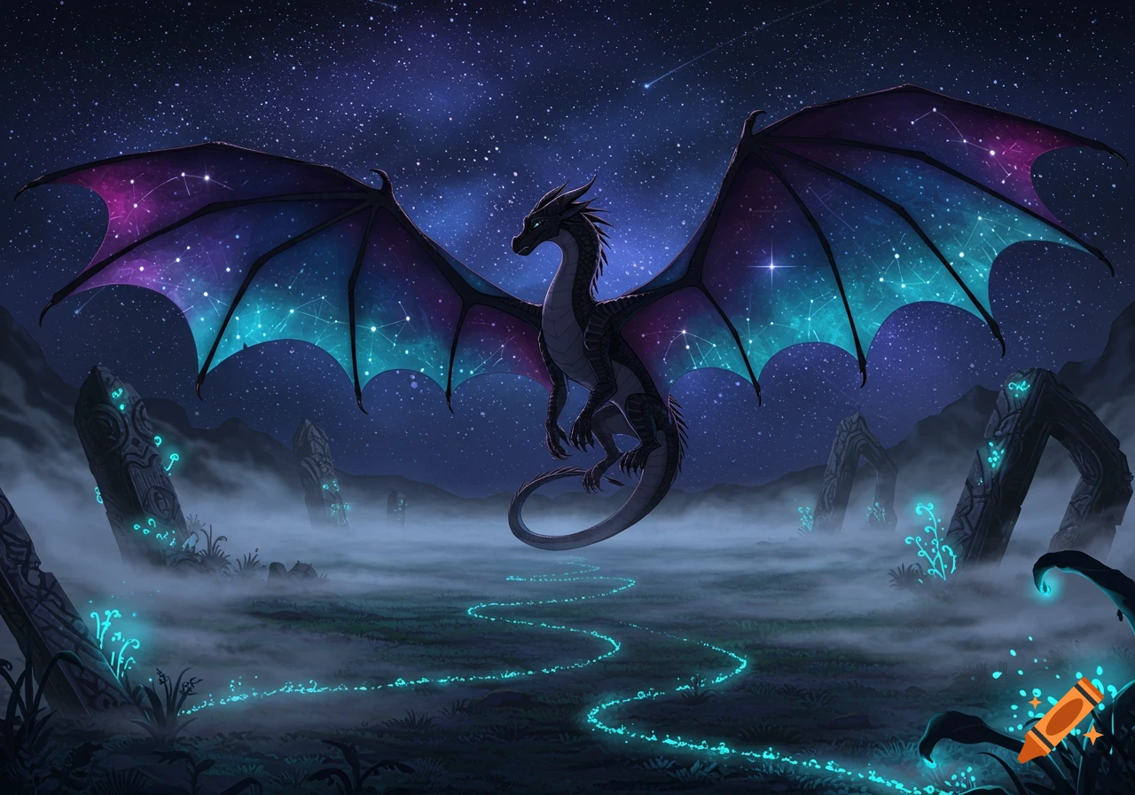 A majestic black dragon with starry purple and teal wings flies over a misty, glowing landscape under a cosmic night sky.