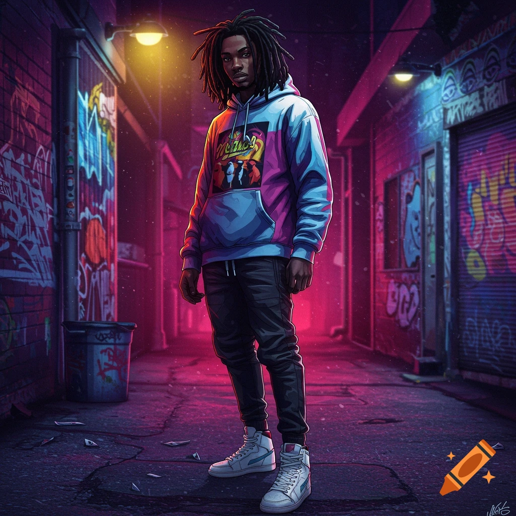 A man with dreadlocks in a colorful hoodie and streetwear poses in a neon-lit, graffiti-covered urban alley.