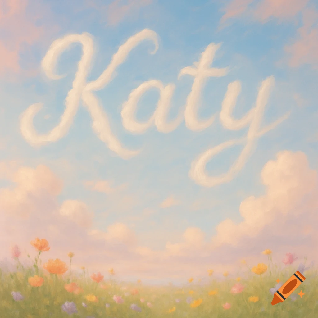 The name 'Katy' formed by fluffy white clouds in a dreamy pastel sky above a field of colorful wildflowers.