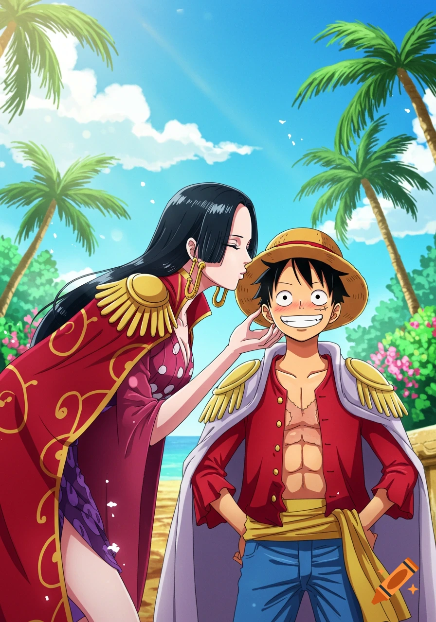 Boa Hancock kisses a blushing Monkey D. Luffy on the cheek on a sunny tropical beach in anime style.