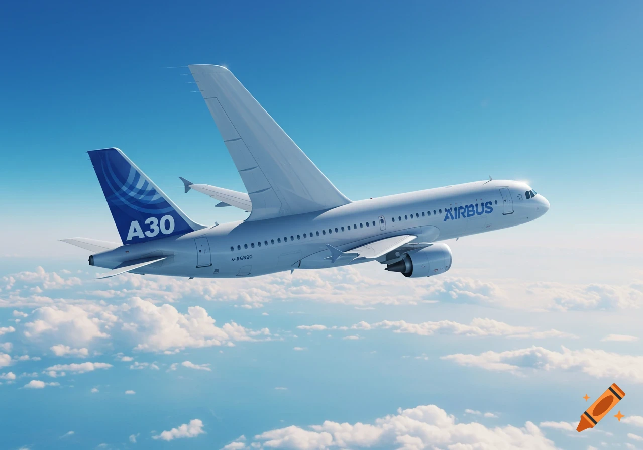 A white Airbus passenger airplane flies high above a layer of fluffy white clouds in a clear blue sky.