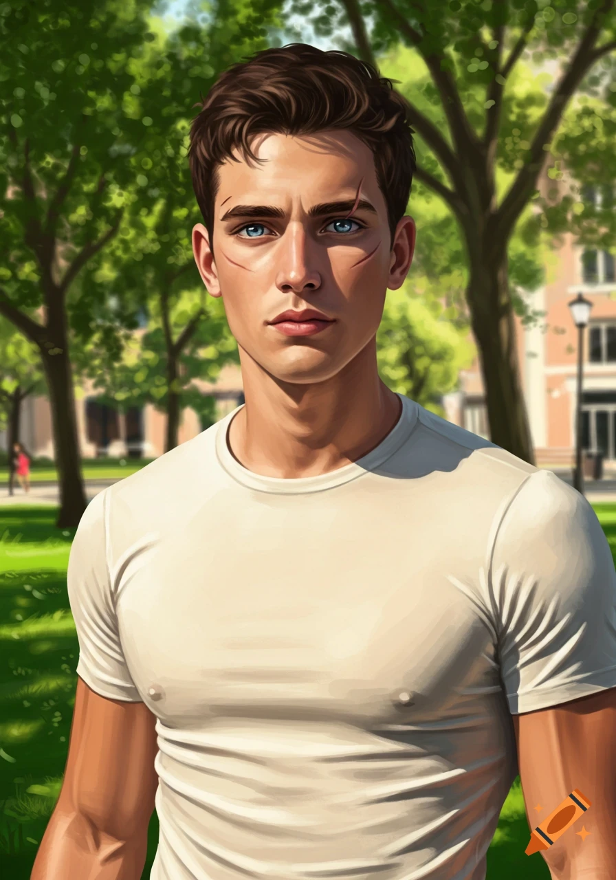 Digital art portrait of a young man with short brown hair, blue eyes, and a scar over his left eye, wearing a white t-shirt outdoors.