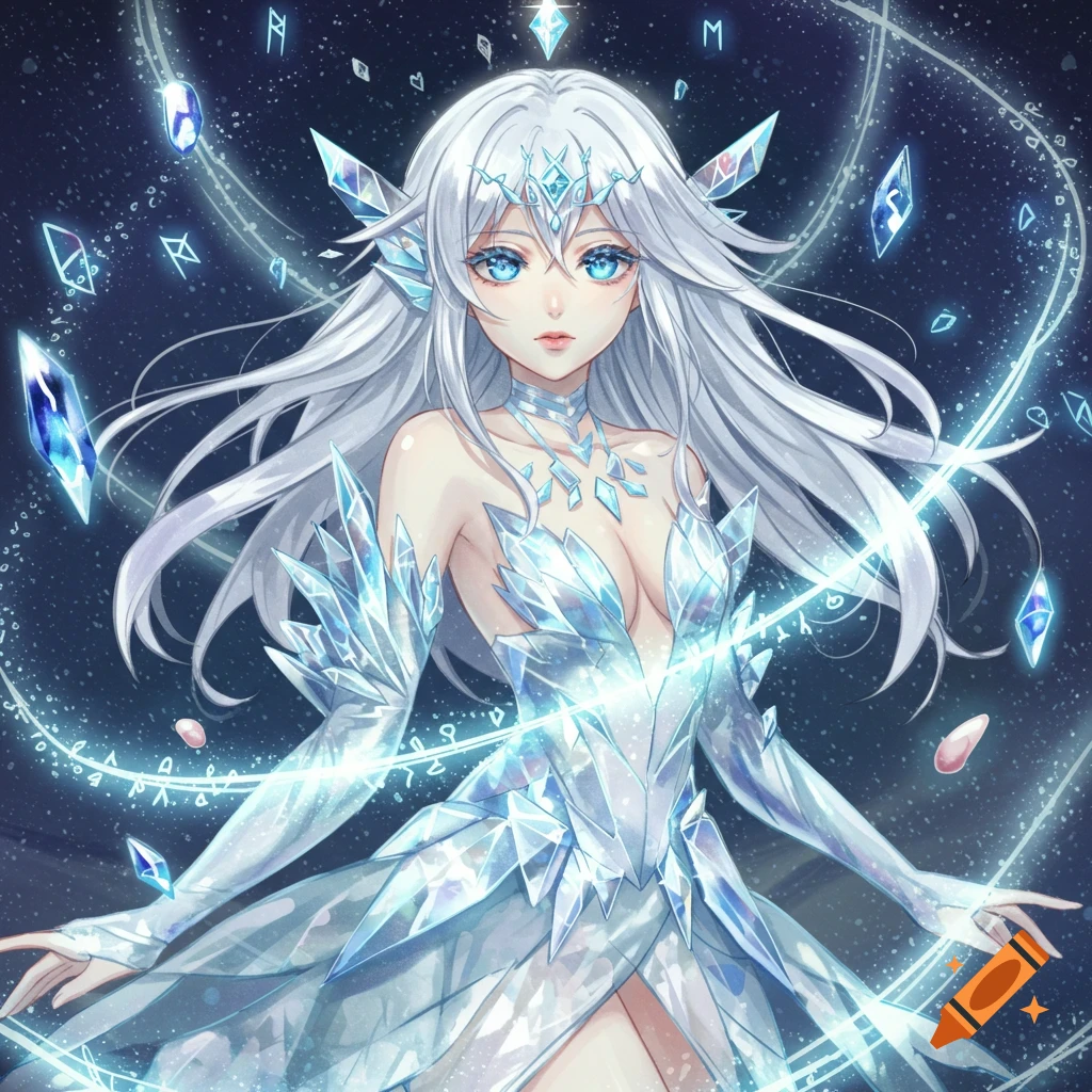 Anime female character with long white hair, blue eyes, wearing a glowing crystal dress, surrounded by magic runes.
