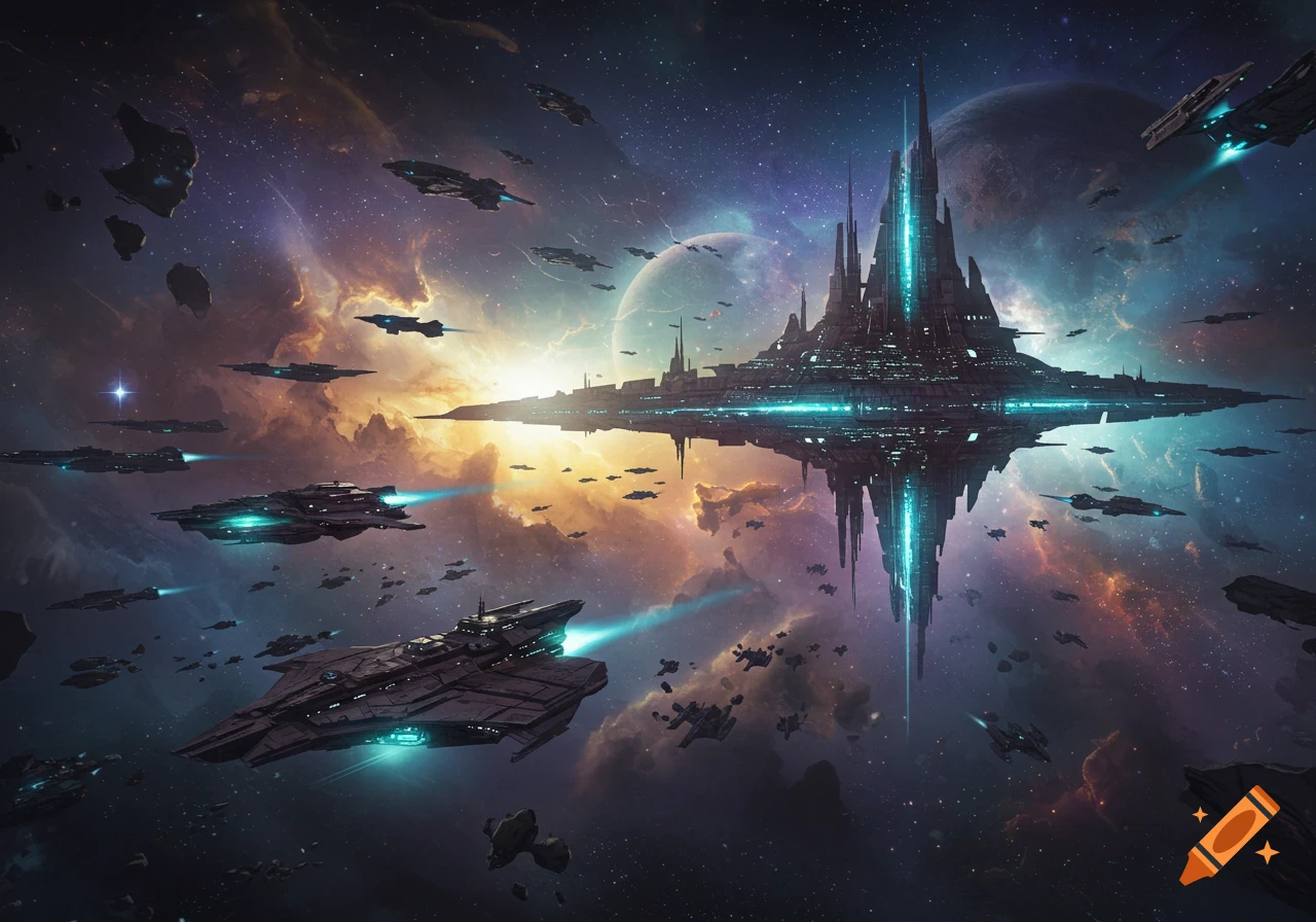 A massive futuristic space station with glowing blue lights surrounded by a fleet of spaceships in a vibrant nebula-filled galaxy.