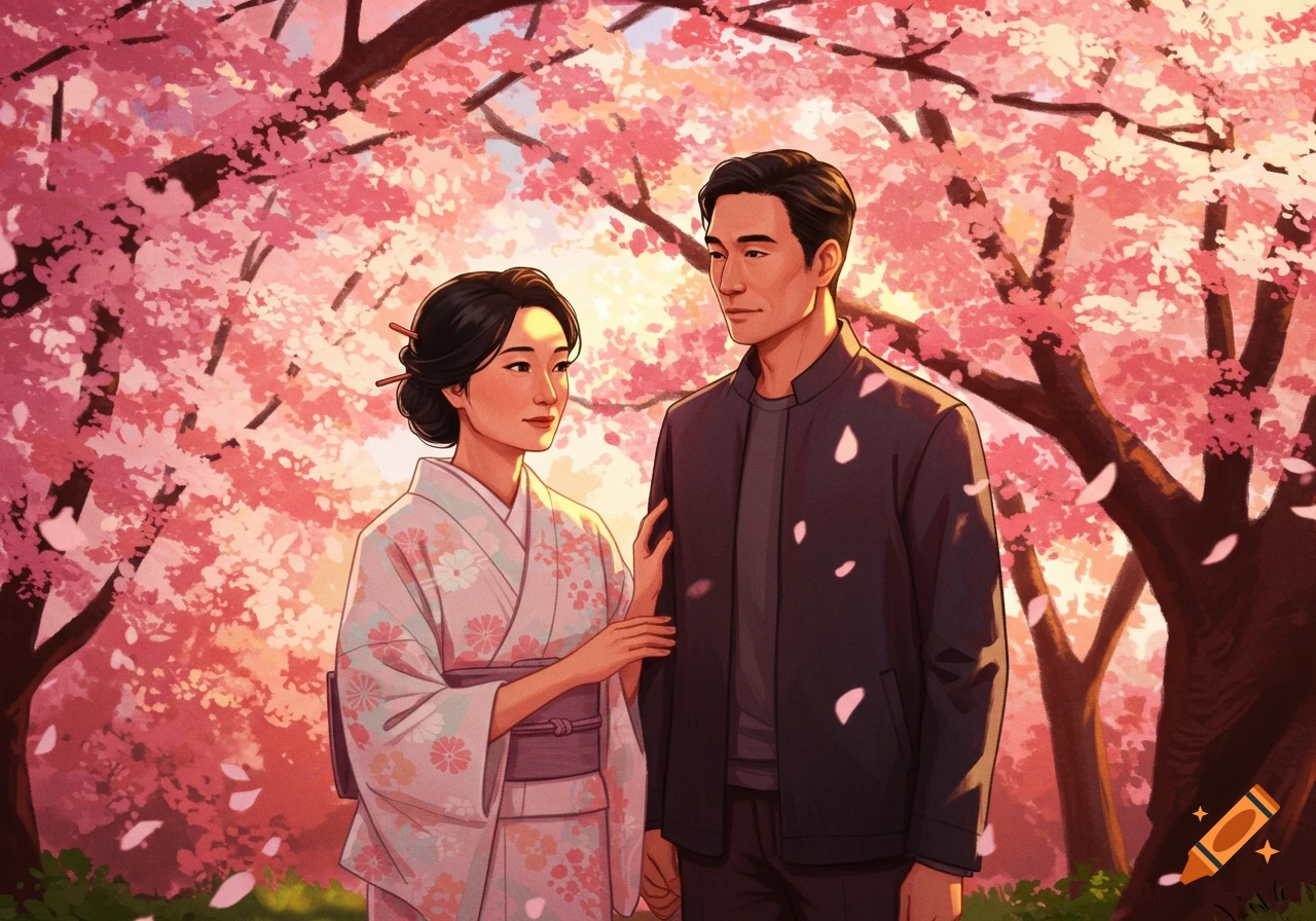 An illustrated Asian couple stands under vibrant pink cherry blossom trees, looking at each other.