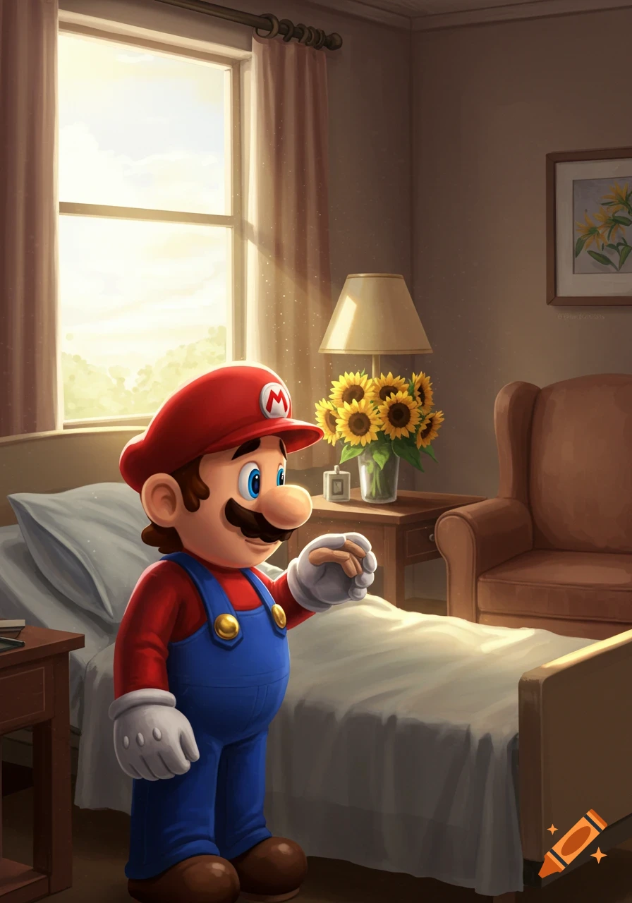 Super Mario stands in a sunlit hospital room with a bed, sunflowers, and a chair, in a cartoon style.