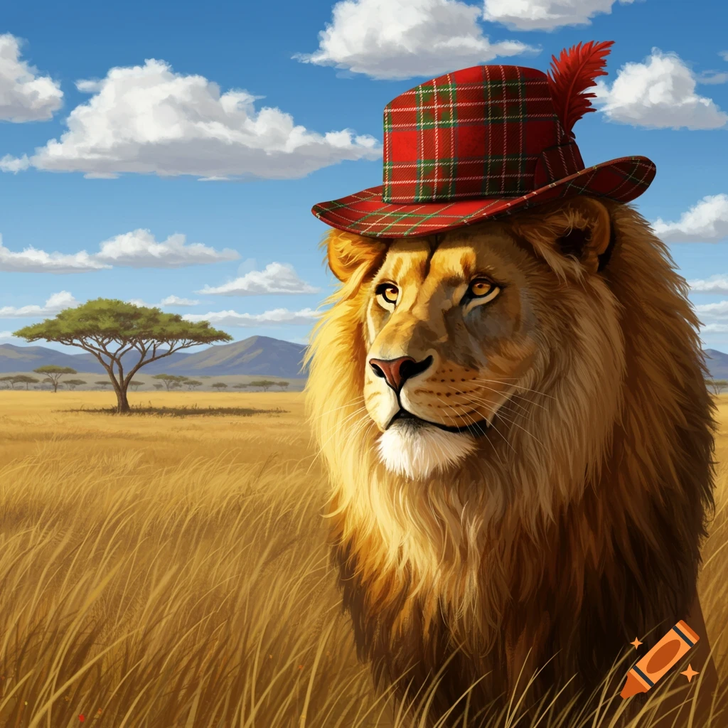 A majestic lion wearing a red tartan hat with a feather, standing in a golden savanna under a blue sky.